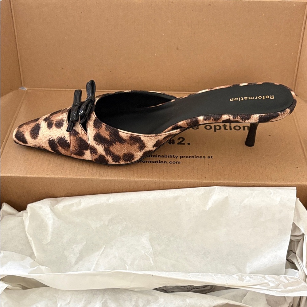 Reformation Leopard Print Pointed Toe Mule with Black Bow Accent